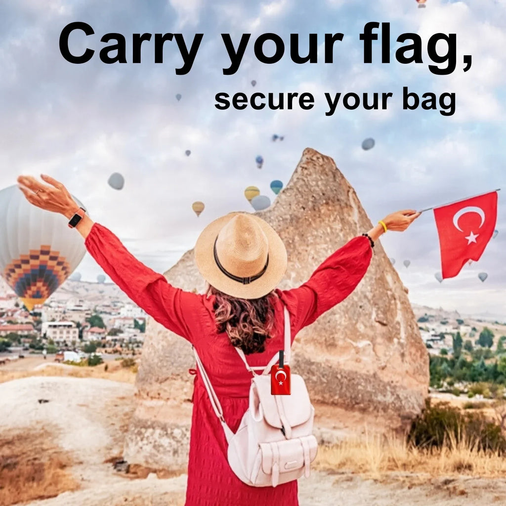 Pair of Smart Bag Security Tags featuring Turkey flag design by Global Lost Recovery Service, with QR code for tracking.