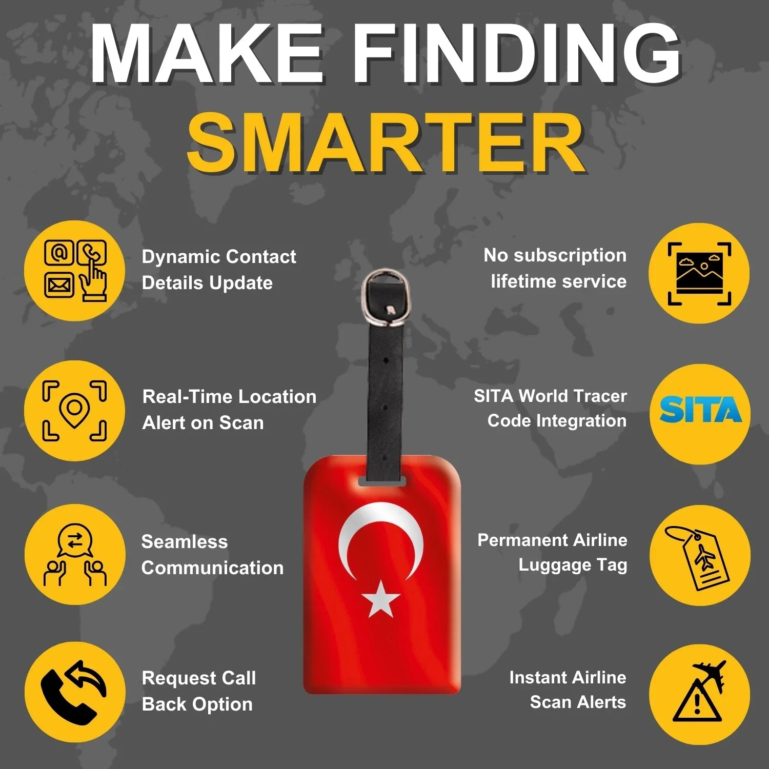 Two Global Lost Recovery Service smart security tags featuring Turkey flag design, with QR codes for airport baggage security.