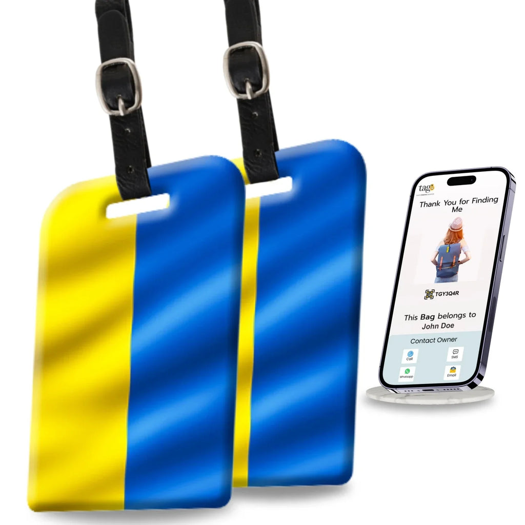 Pair of Ukraine flag security tags by Global Lost Recovery Service, designed to secure bags at airports worldwide.