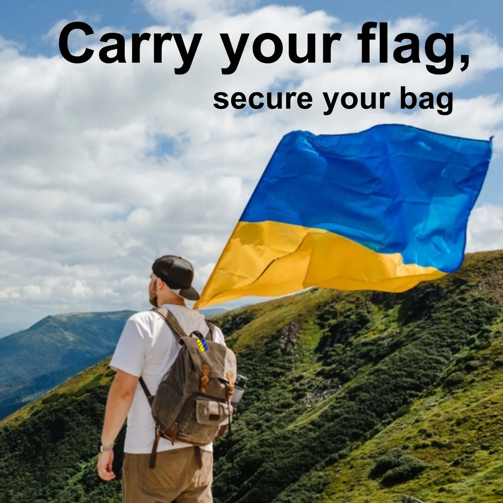 Ukraine flag security tags from Global Lost Recovery Service, pack of 2, featuring QR code for smart bag security.