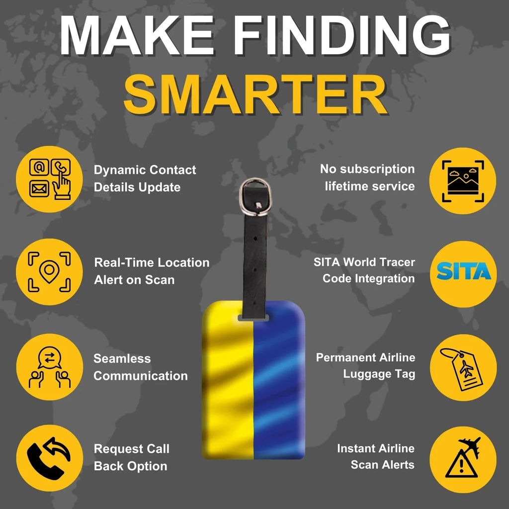 Ukraine flag security tags by Global Lost Recovery Service, pack of 2, with QR code for bag security at airports worldwide