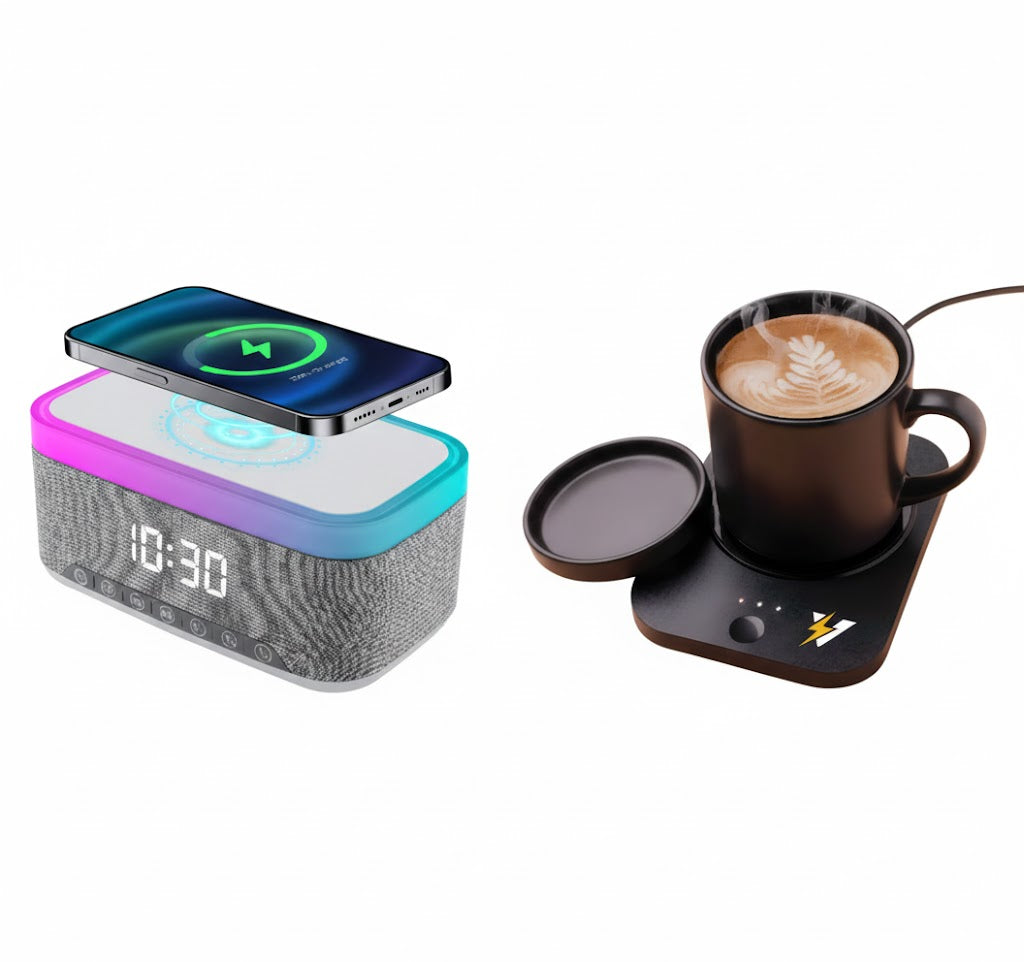 Pursonic Desk-to-Bedside Power & Comfort Bundle with Sip & Charge 2-in-1 mug warmer and 5-in-1 wireless charging alarm clock speaker