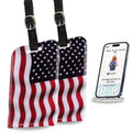 Two USA flag-themed smart bag security tags with QR codes from Global Lost Recovery Service, used for luggage security.