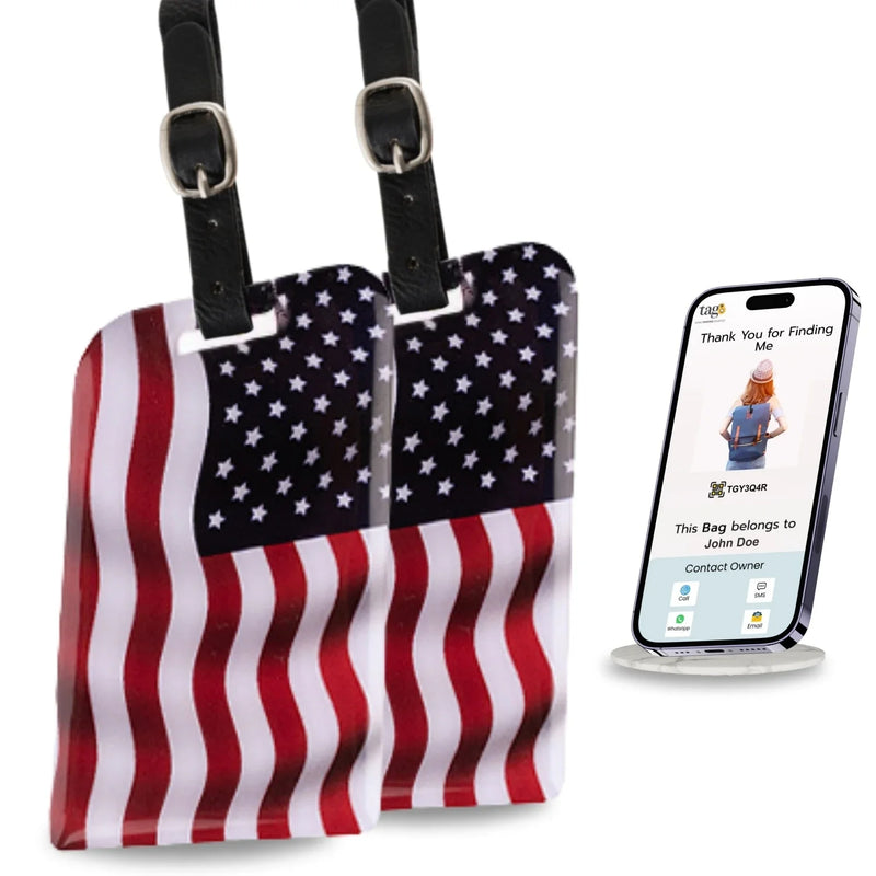 Two USA flag-themed smart bag security tags with QR codes from Global Lost Recovery Service, used for luggage security.
