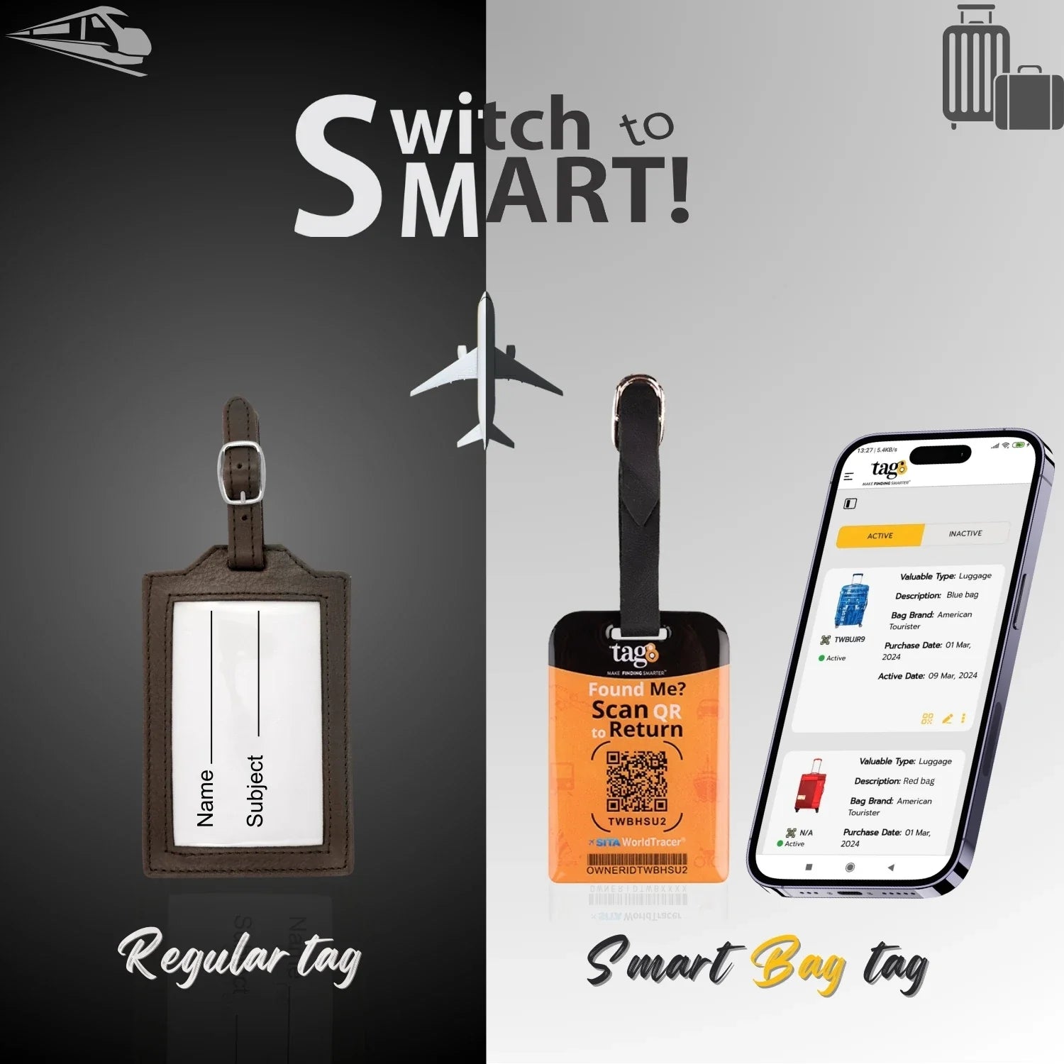 Pair of USA flag smart bag security tags by Global Lost Recovery Service with QR codes for airport luggage security.