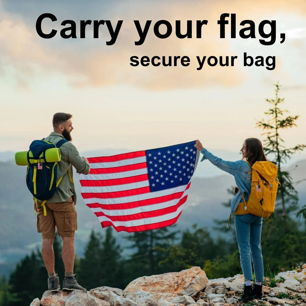Pair of Global Lost Recovery Service USA Flag smart security tags with QR codes for luggage security at airports.