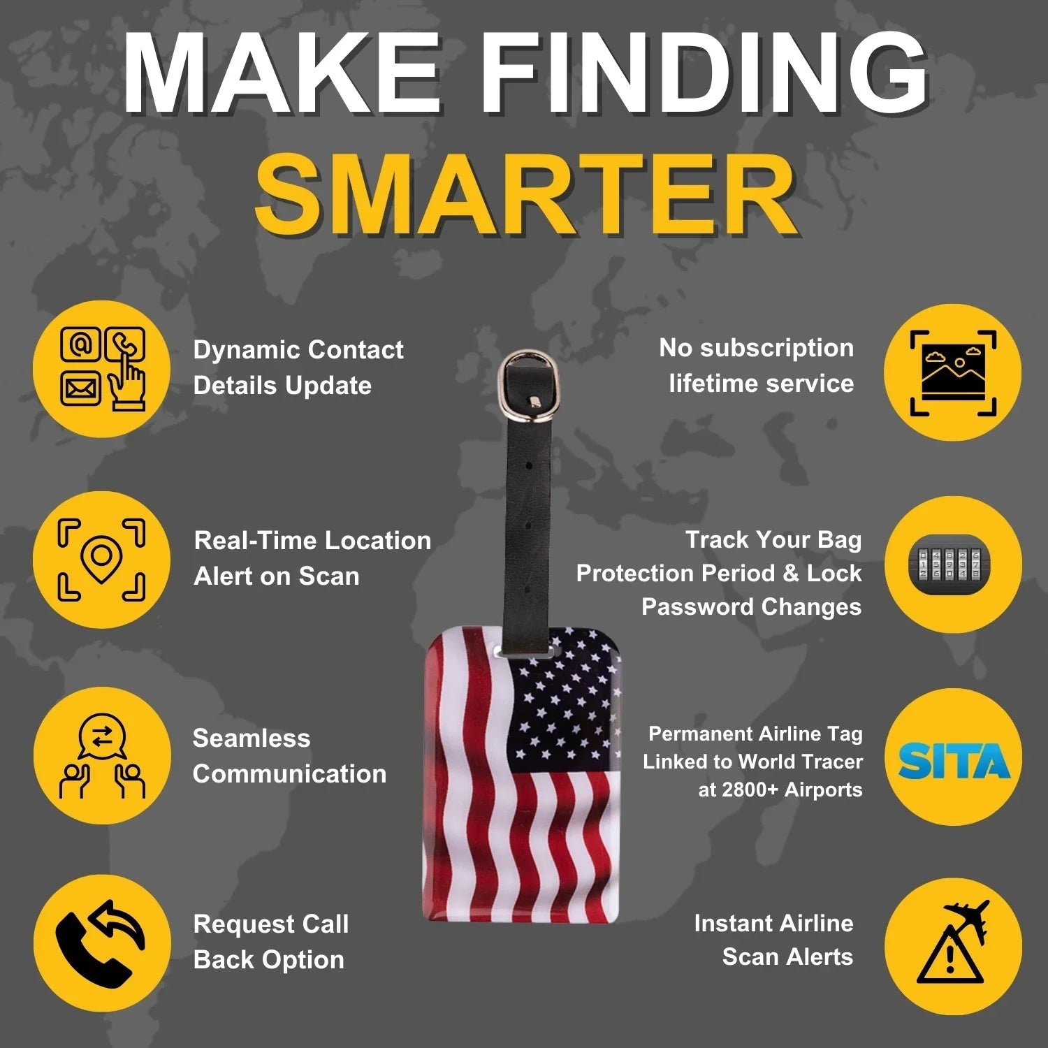 Security tags with USA flag design from Global Lost Recovery Service, featuring QR code for luggage security, pack of two.